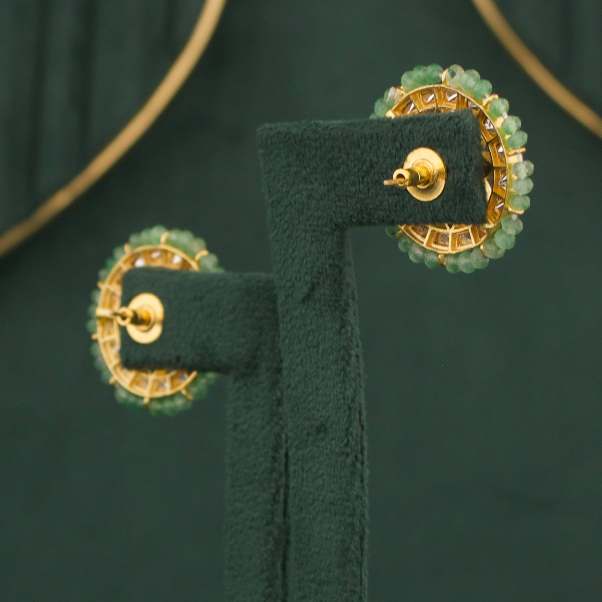 Moissanite Polki Stud Earrings With Green Beads Bordering Craftsmanship & Detail View - Dulhan Jewels