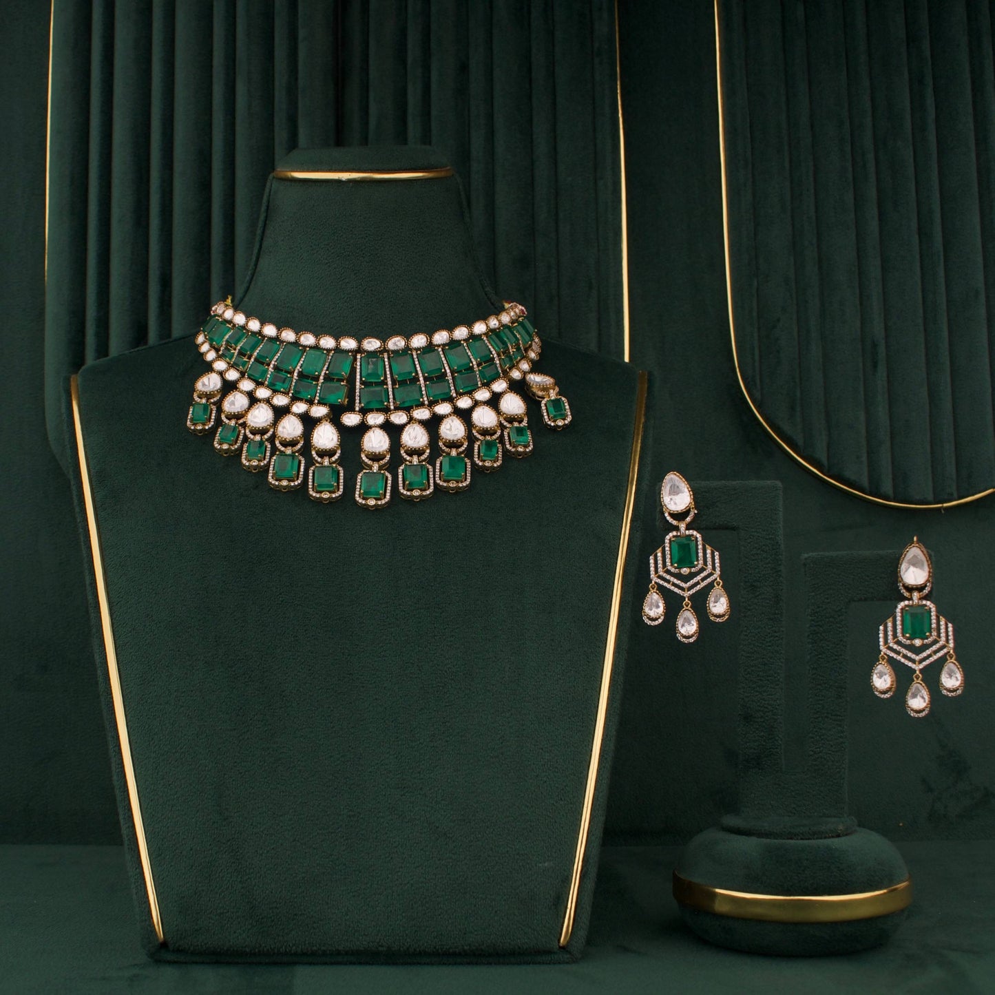 Victorian Emerald Polki Statement Choker Necklace Set With Drop Earrings
