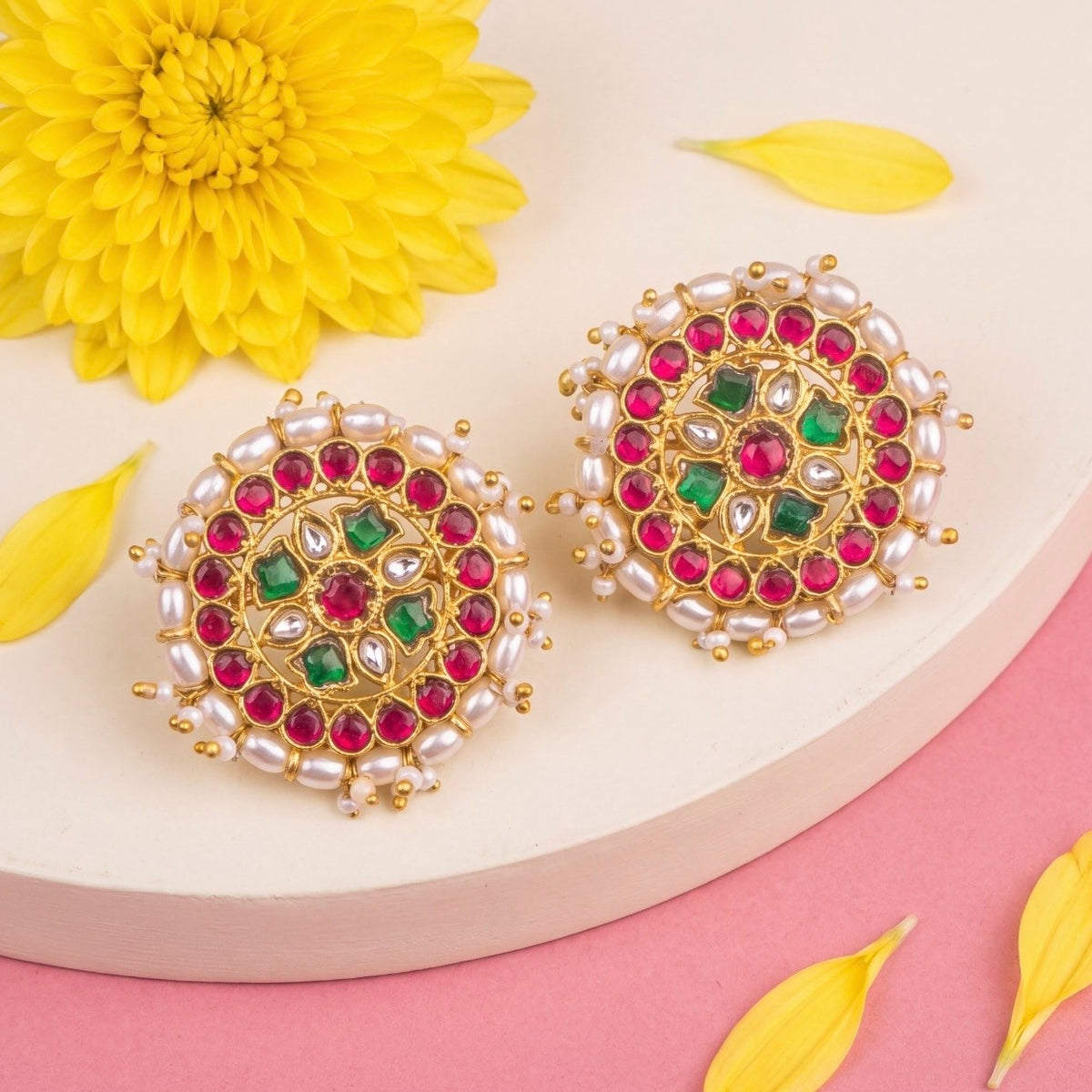 Multi Coloured Jadau Kundan Stud Earrings