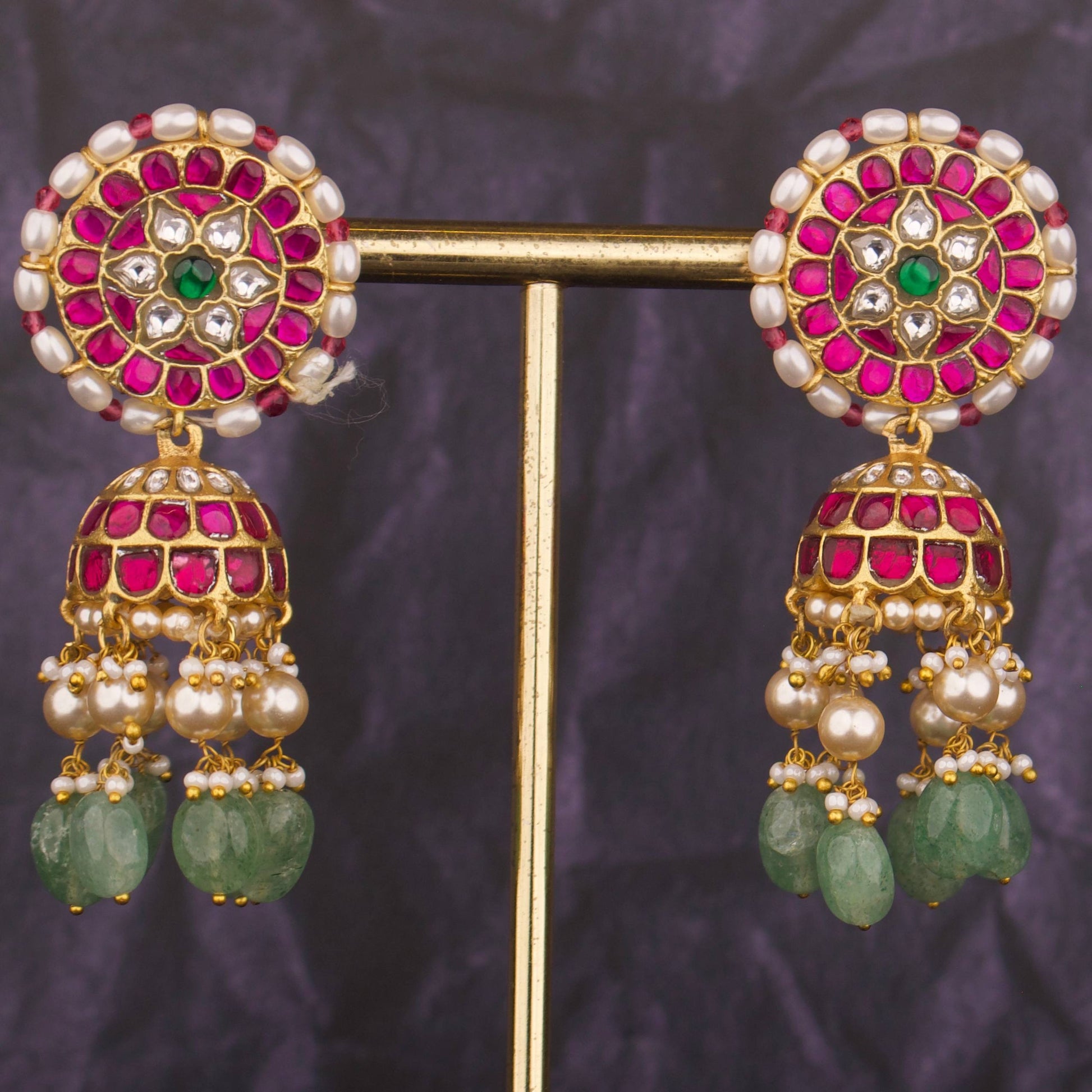 Intricate floral Design Studded Jadau Kundan Jhumki with Green beads