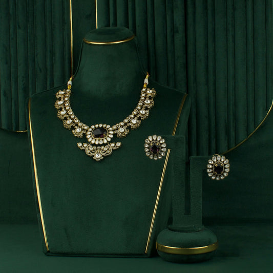 Premium antique gold Elegant Short Victorian Moissanite Necklace Set set worn