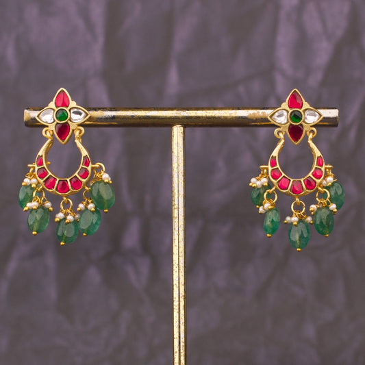 Ethnic Jadau Kundan Chandbali Earrings With Green Hangings