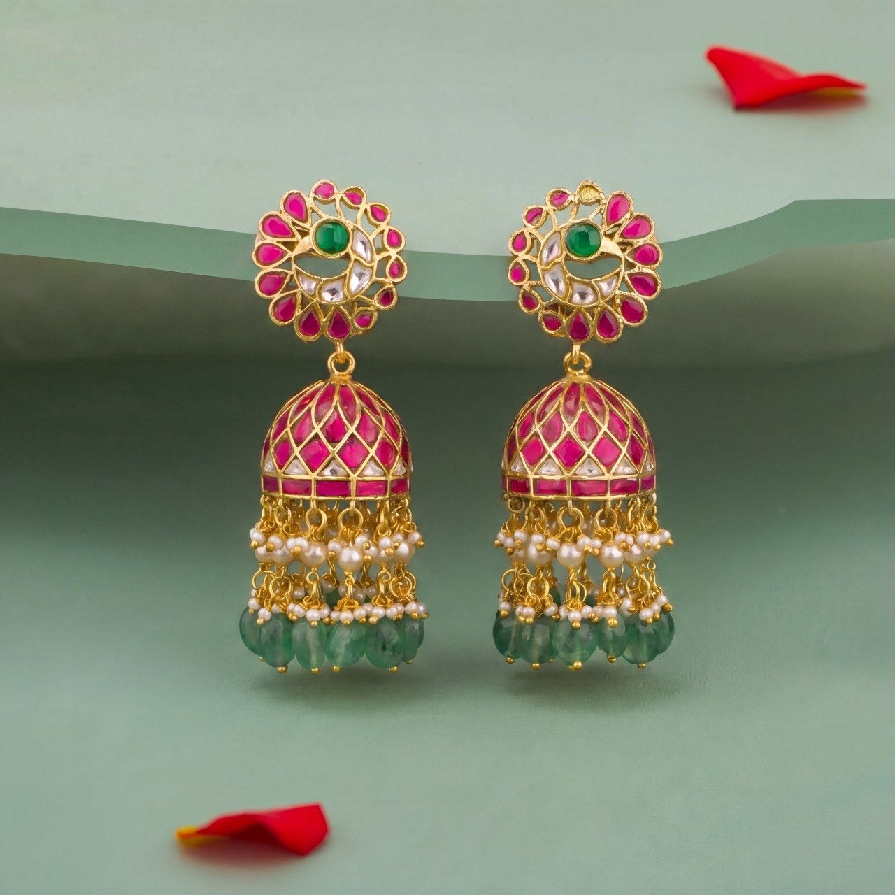 Designer Jadau Kundan Jhumka Earrings With Green Beads