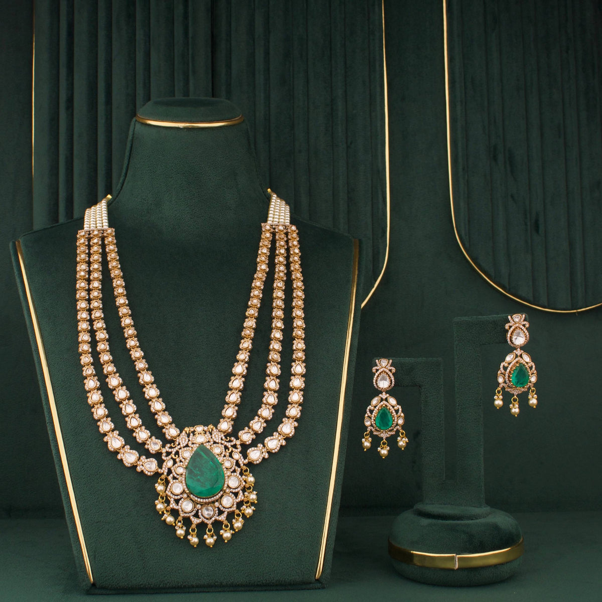 Triple Layer Victorian Emerald Necklace With Matching Earrings