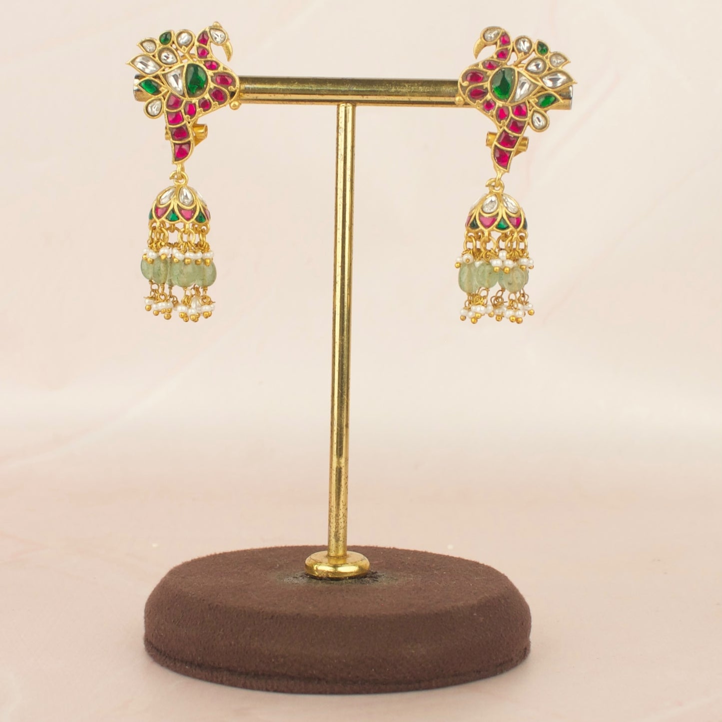 Peacock Studded Jadau Kundan Jhumka Earrings With Cute Hangings