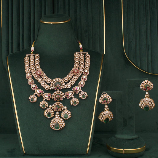 Victorian Ruby Emerald Polki Bridal Statement Necklace Set With Matching Earrings
