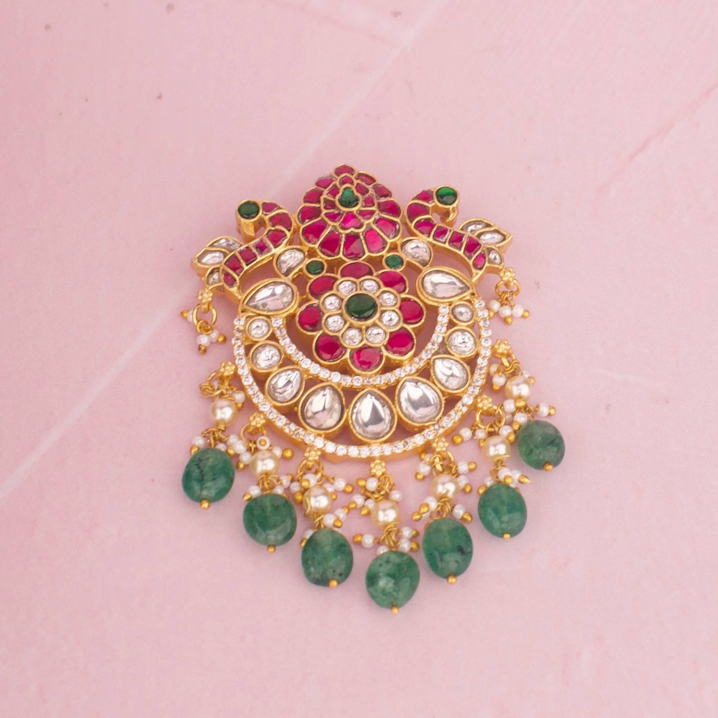 Designer Pendant With Pearl Hanging And Green Beads