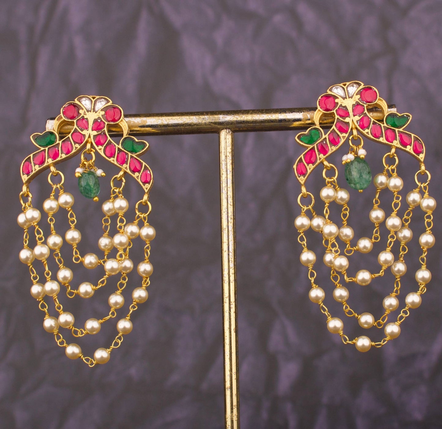 Jadau Kundan Stud Earrings With Multi-Layer Pearl Chains - Alternate View 2