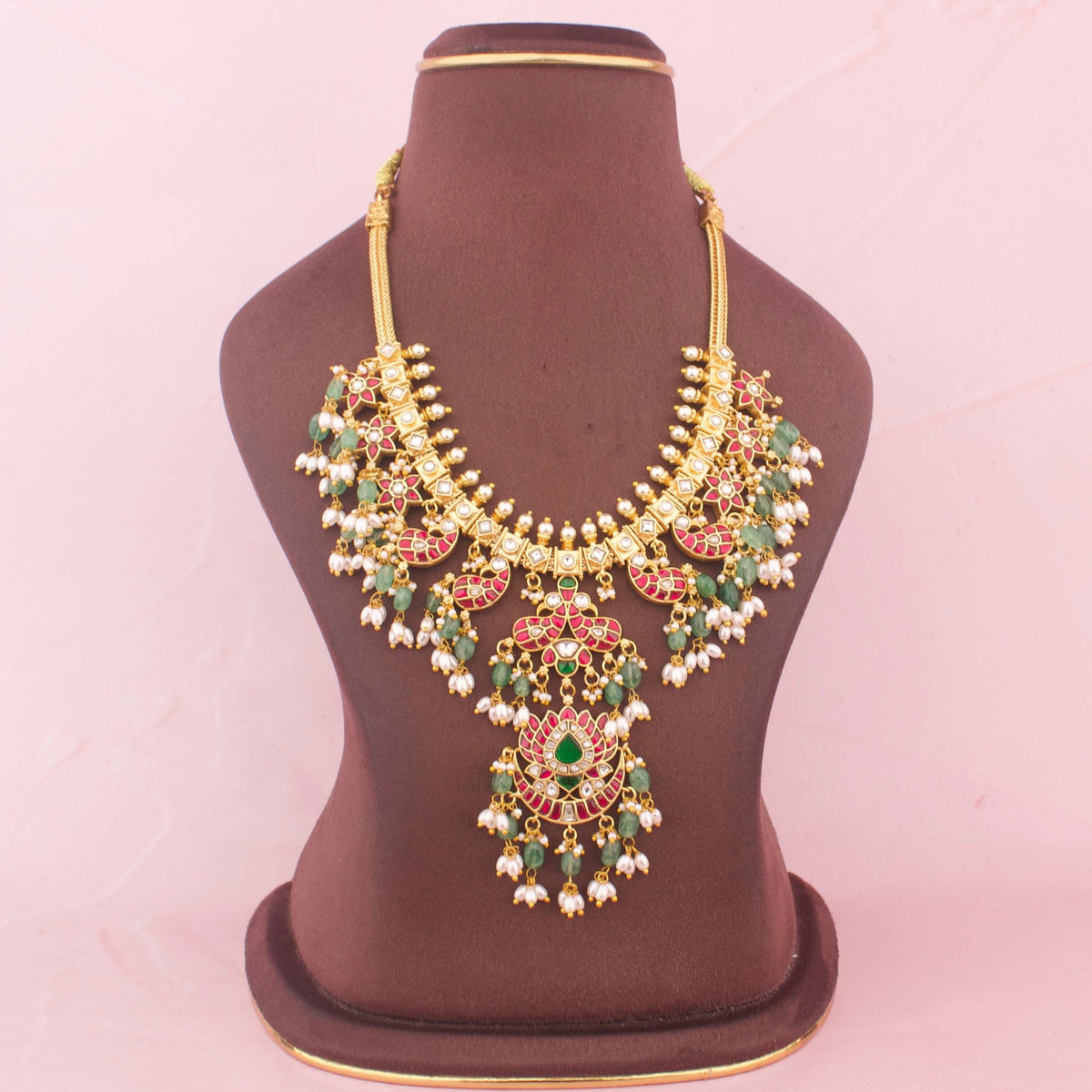 Stylish Jadau Kundan Necklace With Emerald Hangings