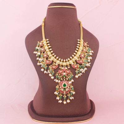 Stylish Jadau Kundan Necklace With Emerald Hangings