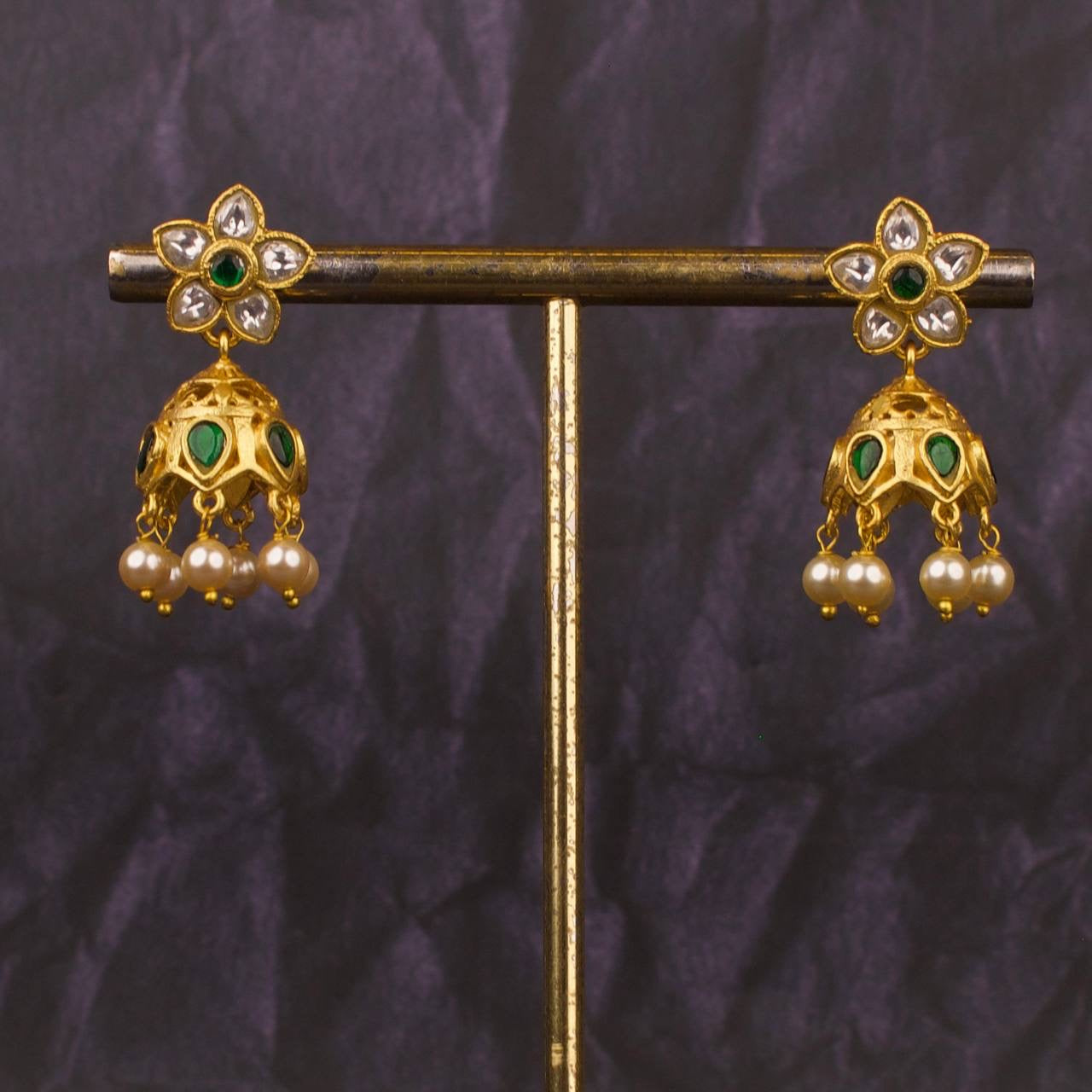 Floral Studded Small Sized Jadau Kundan Jhumki With Pearl Hangings