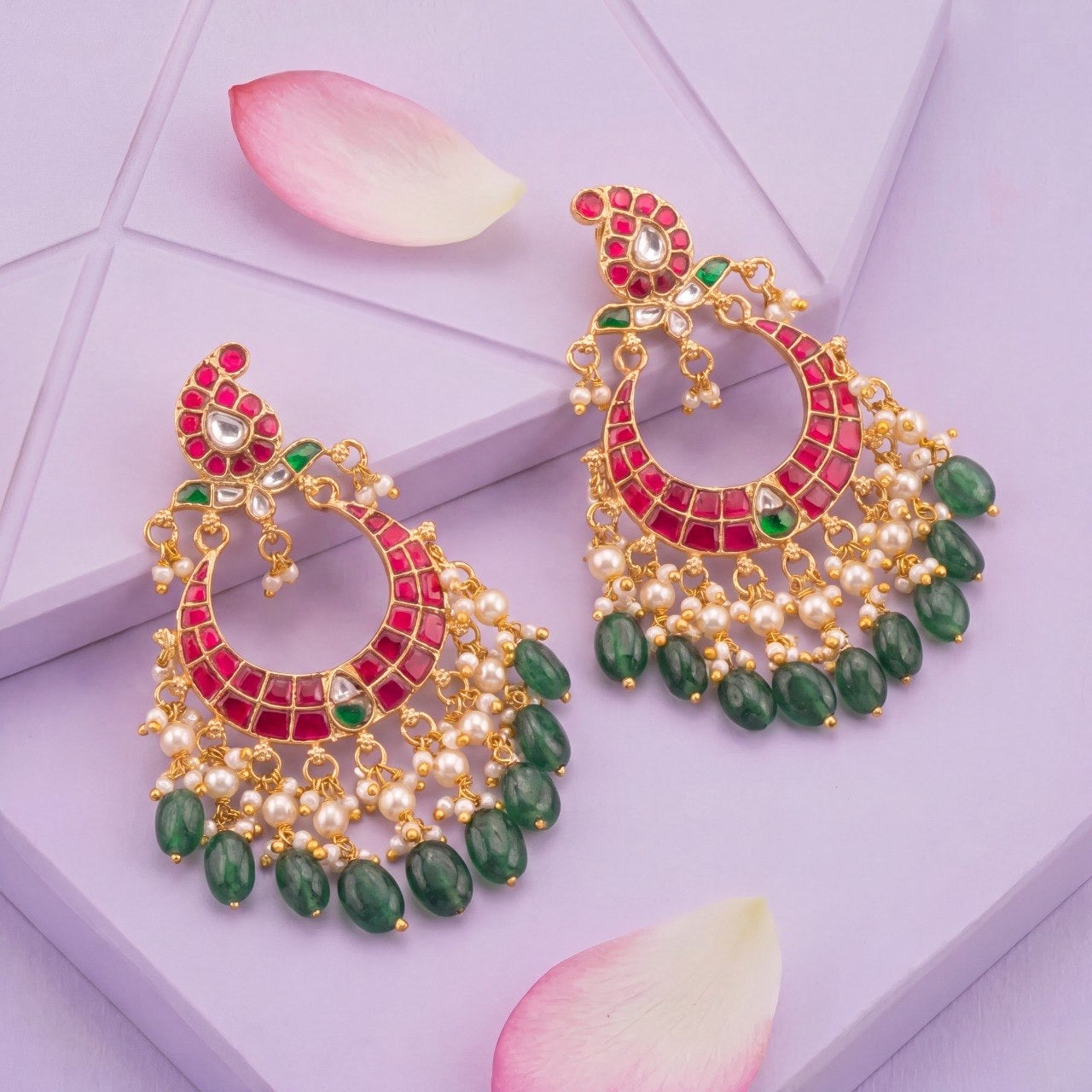 Ethnic Jadau Kundan Chandbali Earrings With Pearl Drops - Premium Indian Ethnic Jewelry | Dulhan Jewels