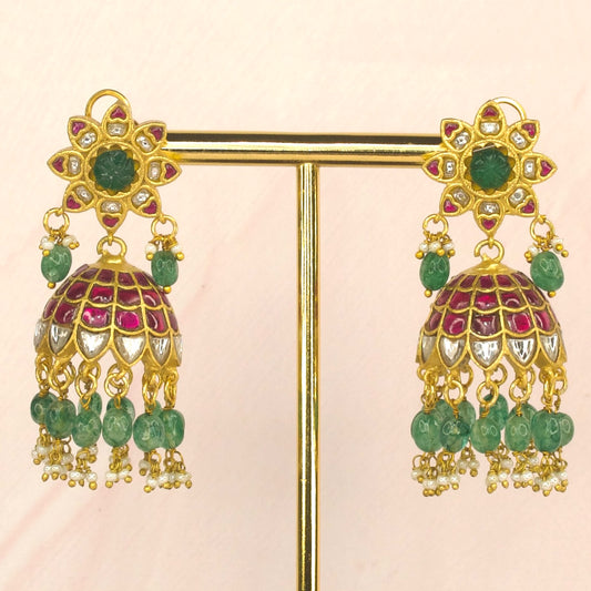 Exquisite Lotus Jadau Kundan Jhumkas with Emerald Beads