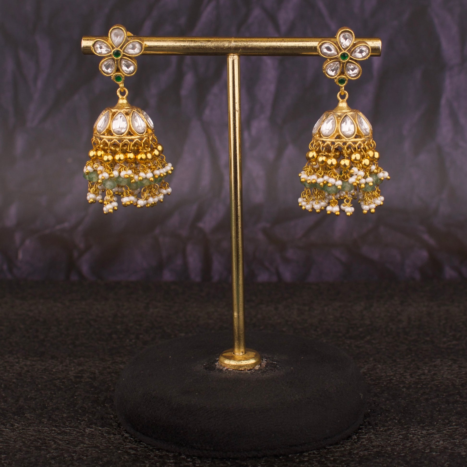 Cute Floral Studded Jadau Kundan Jhumki Earrings