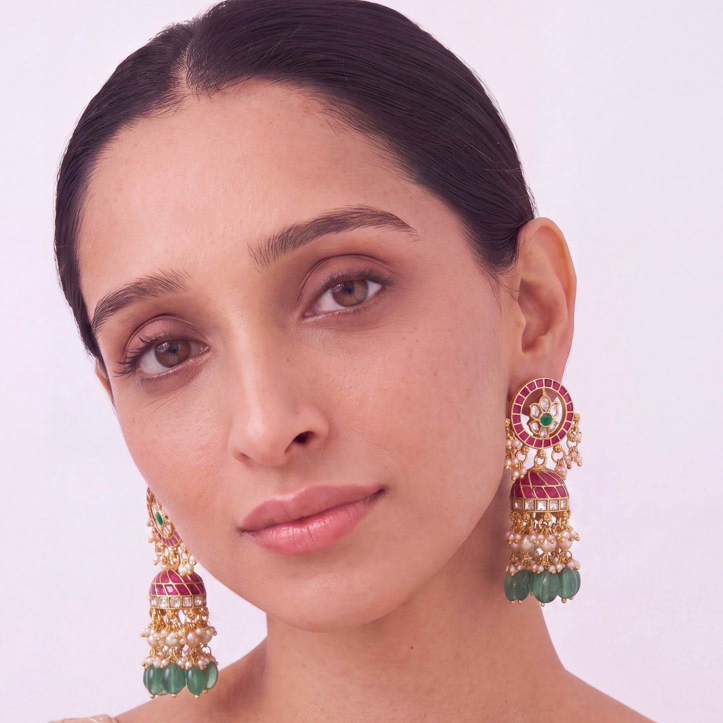 Ethnic Jadau Kundan Jhumki Earrings With Green Bead Tassels