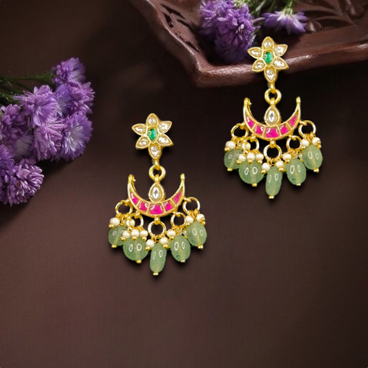 Regal Jadau Kundan Chandbali Earrings with Green Beads and Ruby Accents