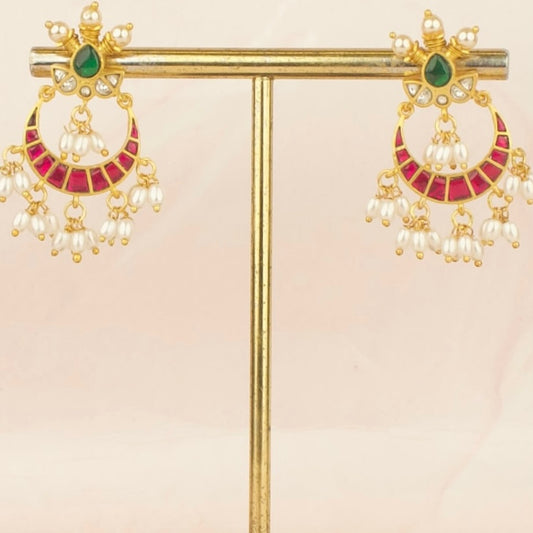 Glorious Lotus Design Jadau Kundan Chandbali with Beads - DULHAN JEWELS