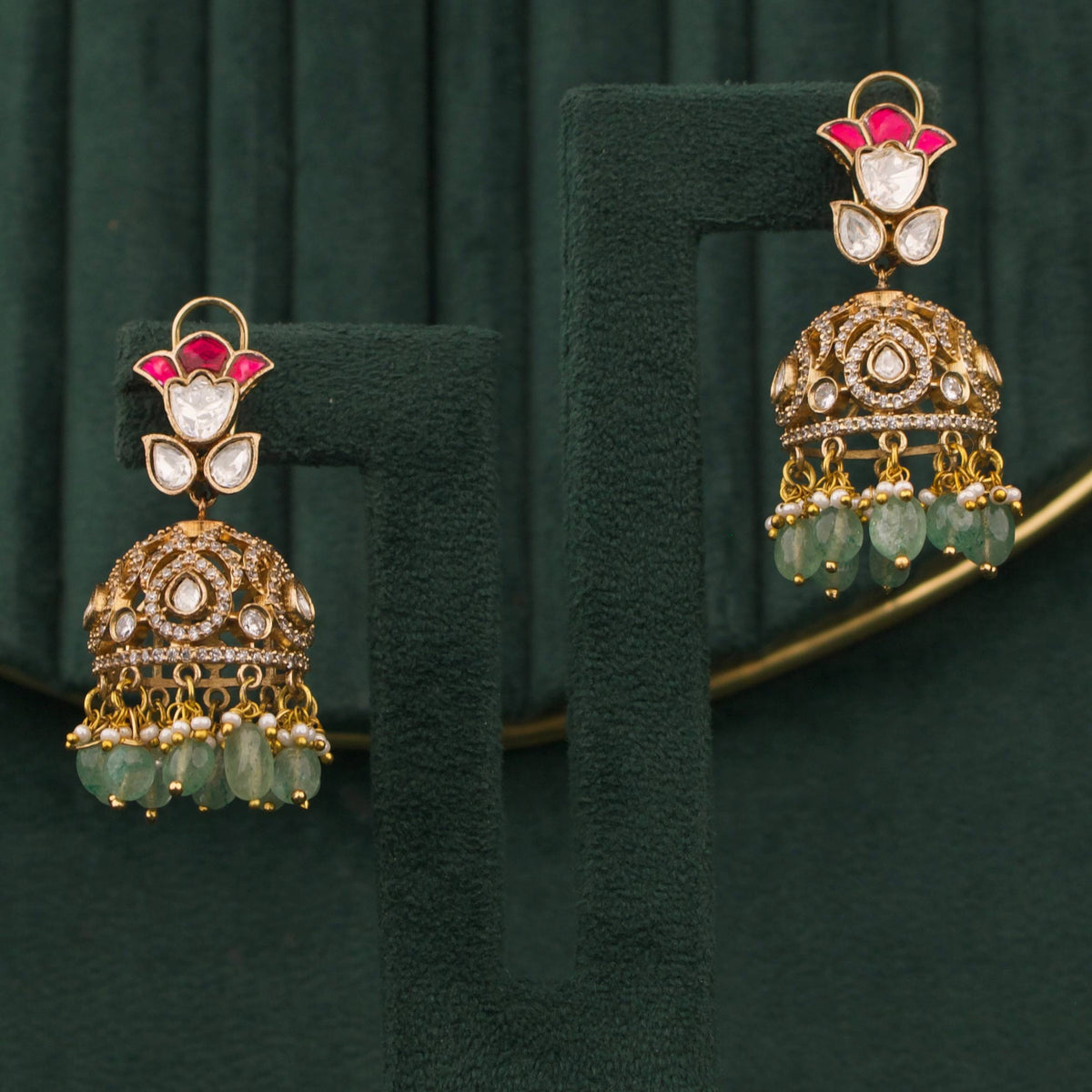 Victorian Polki Jhumka Earrings With Emerald Drops