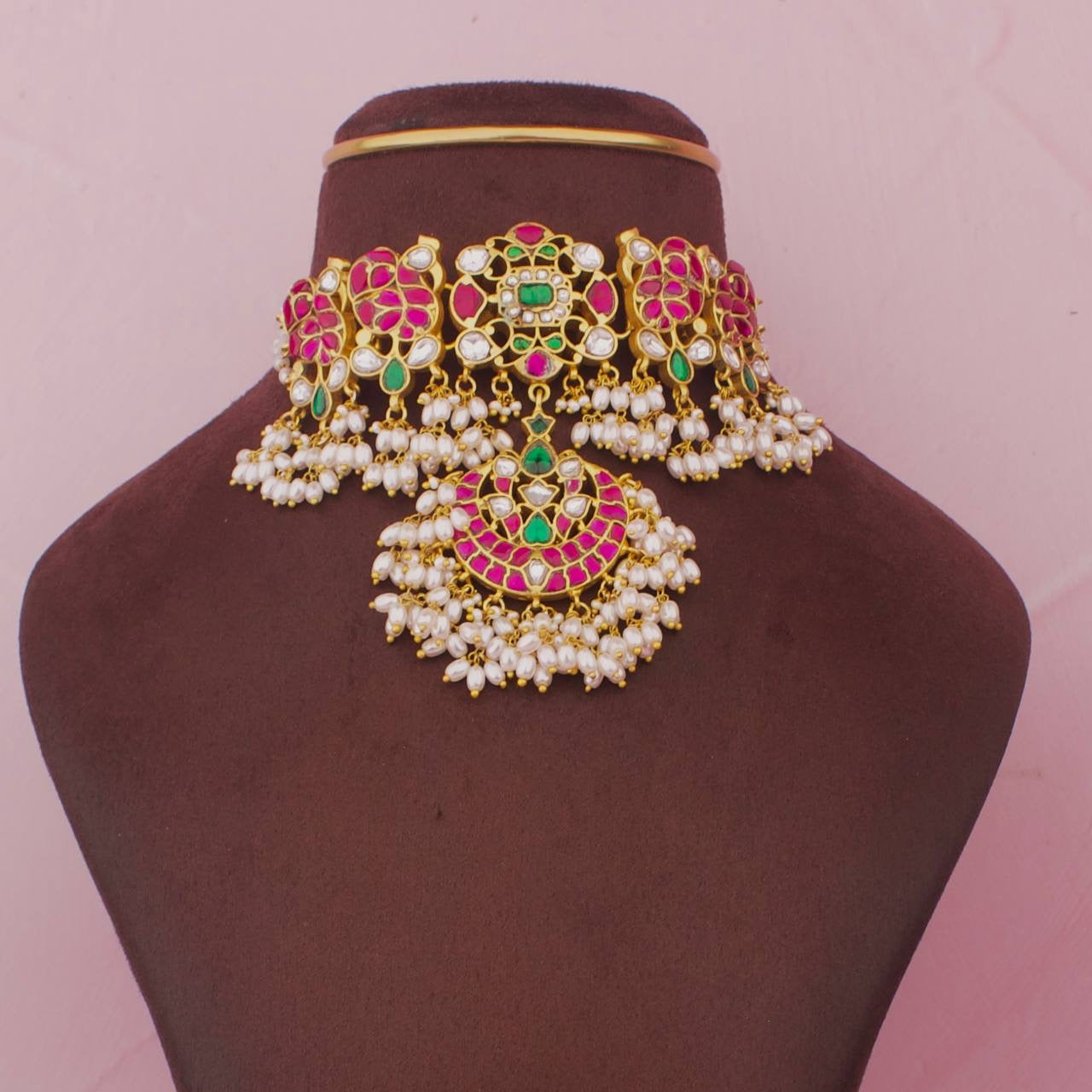 Traditional Peacock Design Jadau Kundan Choker With GottaPusalu Hangings