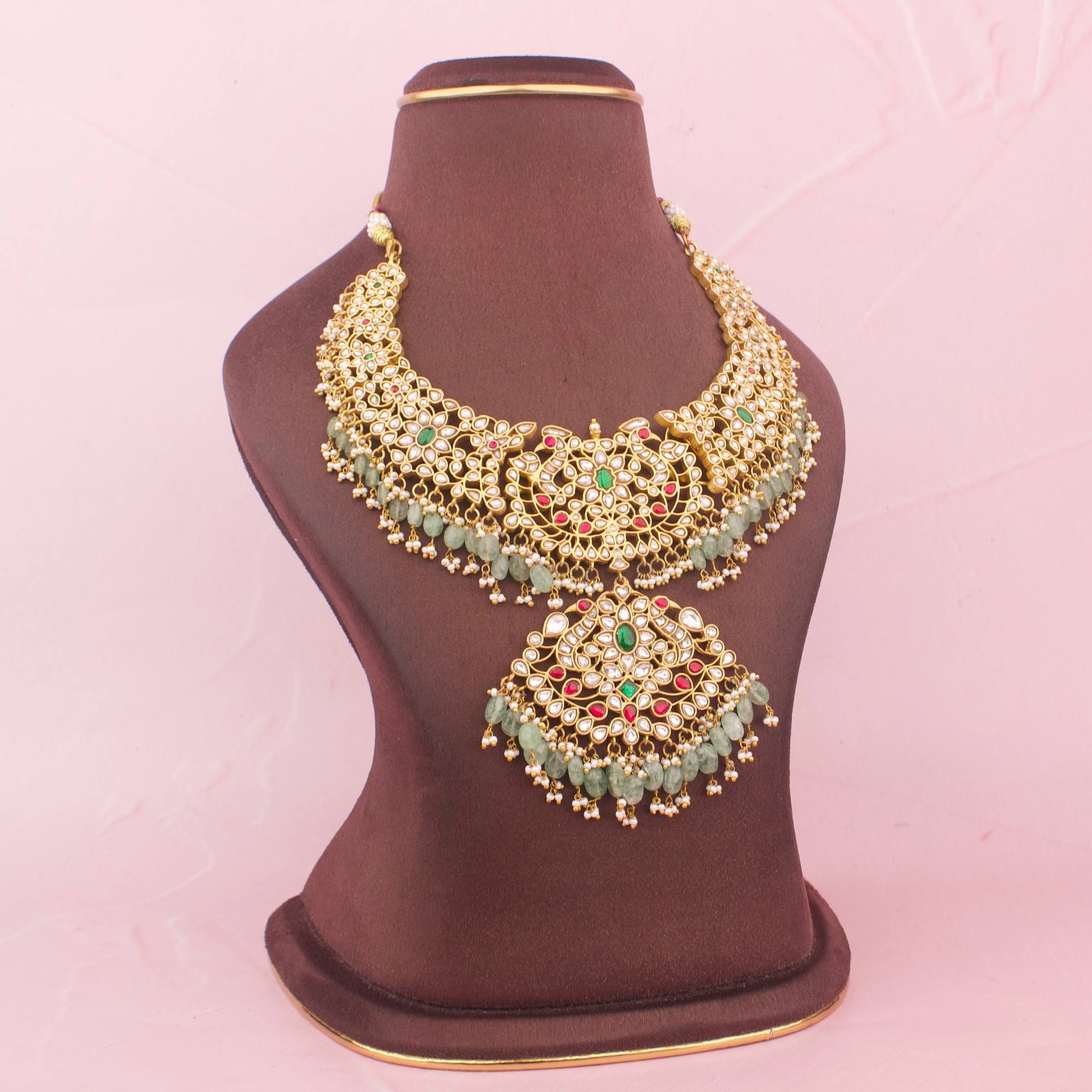 Close-Up Detail View of Opulent Gold Inspired Jadau Kundan Short Necklace With Beads Hangings | Dulhan Jewels
