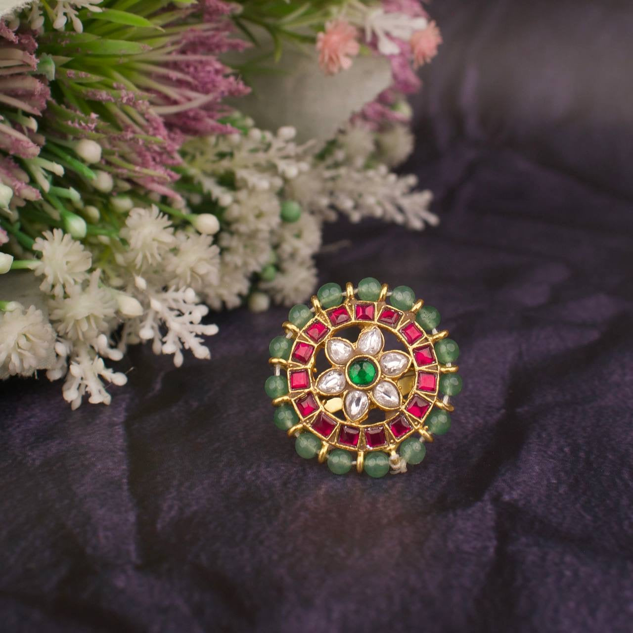 Floral Studded Jadau Kundan Ringer Ring With Beads Bordering