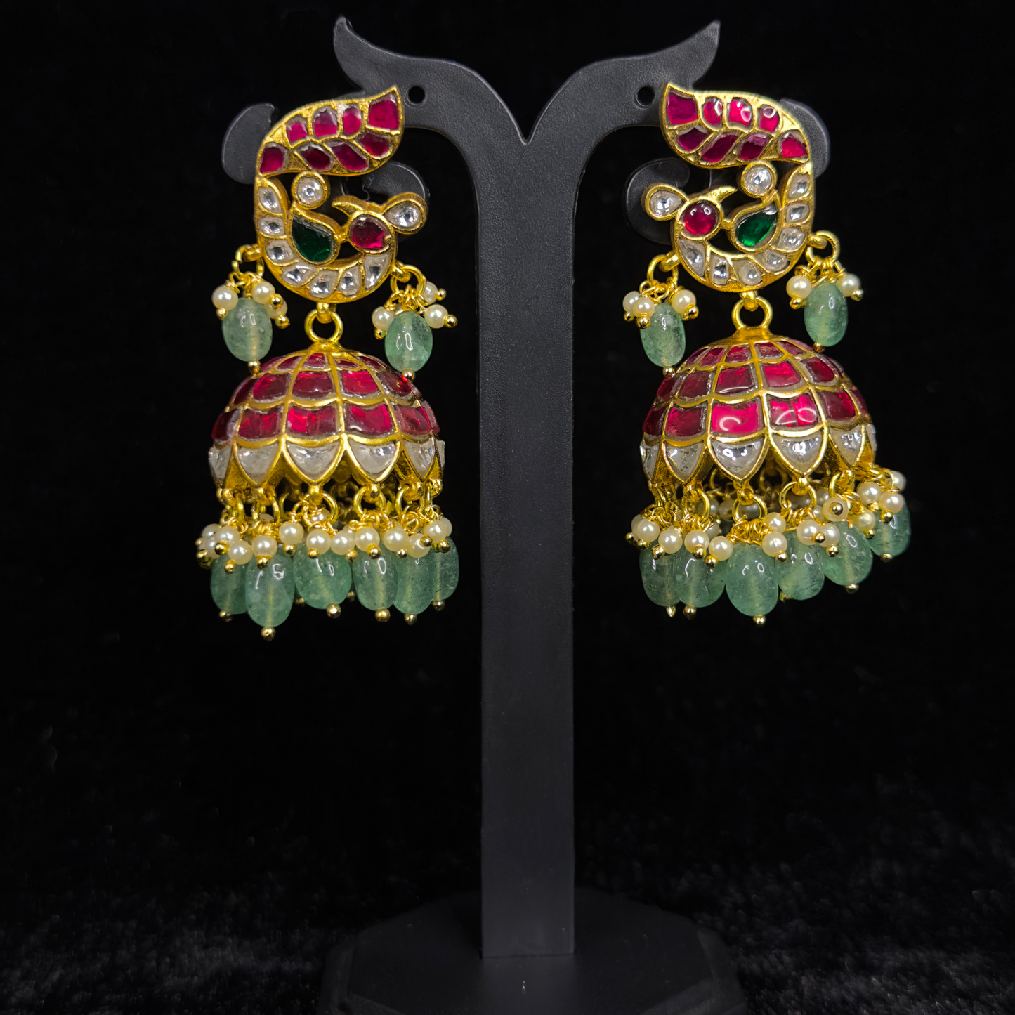 Red Jadau Kundan Jhumka with Peacock Motif