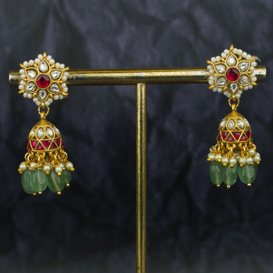 Cute Jadau Kundan Jhumki Earrings With Beads Hangings