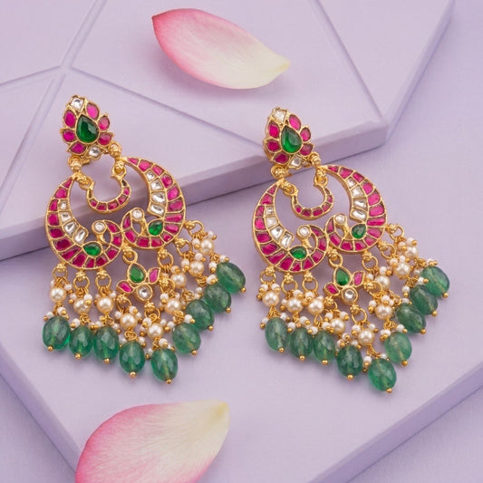 Bridal Jadau Kundan Chandbali With Rice Pearl And Green Hangings