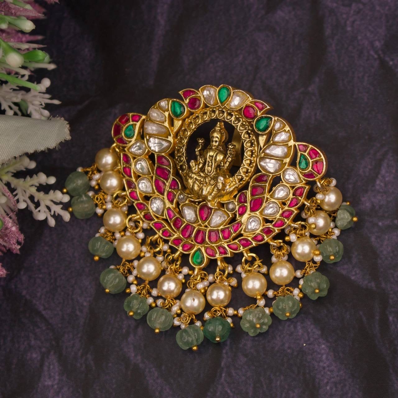 Divine Laxmi Devi Jadau Kundan Pendnat With Guttapusalu Hangings