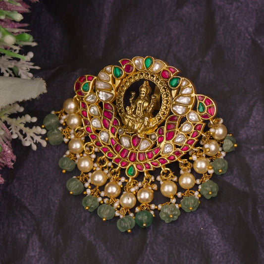 Divine Laxmi Devi Jadau Kundan Pendnat With Guttapusalu Hangings
