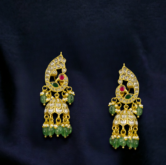 Peacock Elegance Jadau Kundan Jhumkas with Emerald Drops