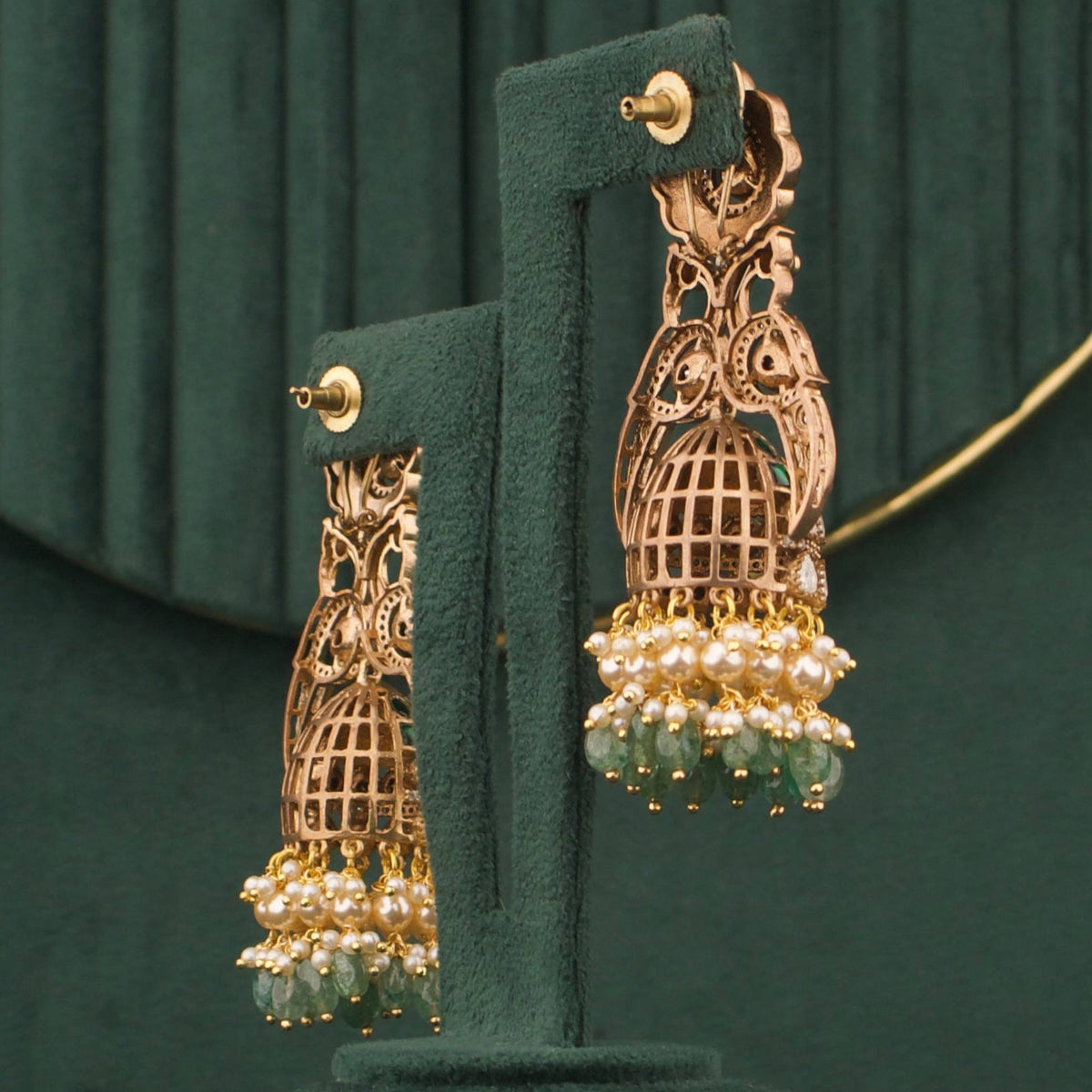 Bridal Polki Victorian Jhumka with Guttapusalu Hangings Styling Angle View 4 - Dulhan Jewels
