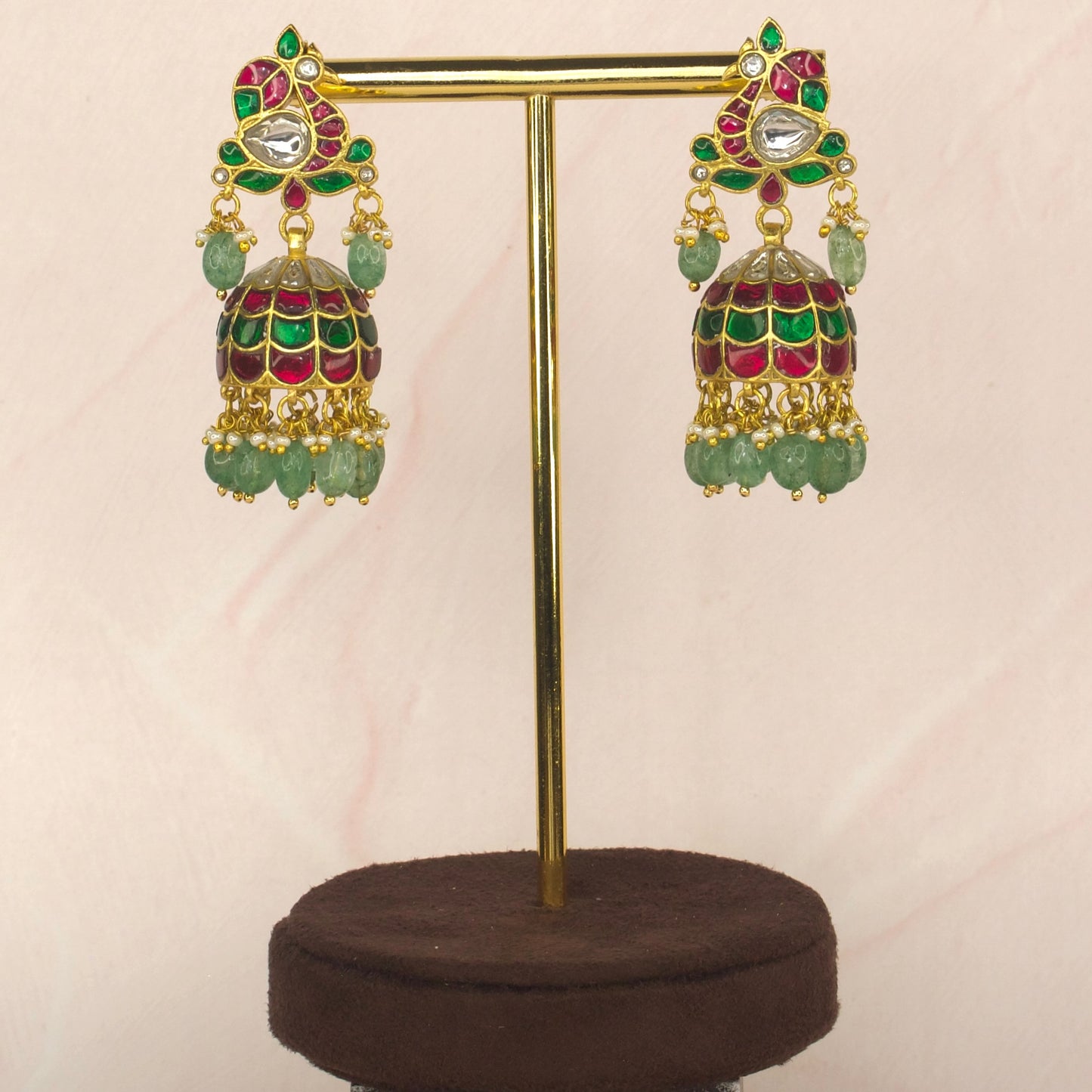 Charming Peacock Jadau Kundan Jhumkas with Green Beads