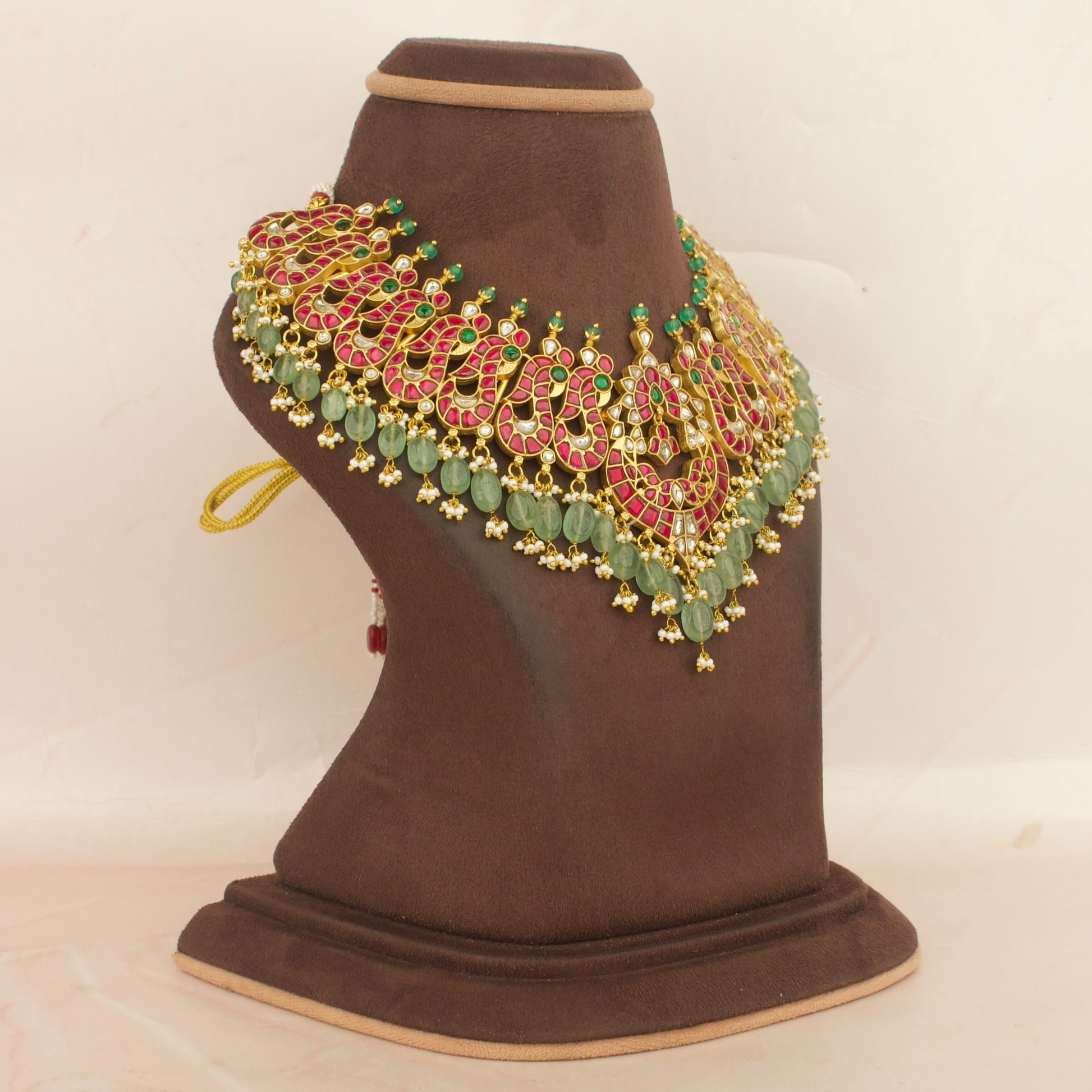 Traditional Indian Design Jadau Kundan Necklace With Green Beads & Pearls Hanging