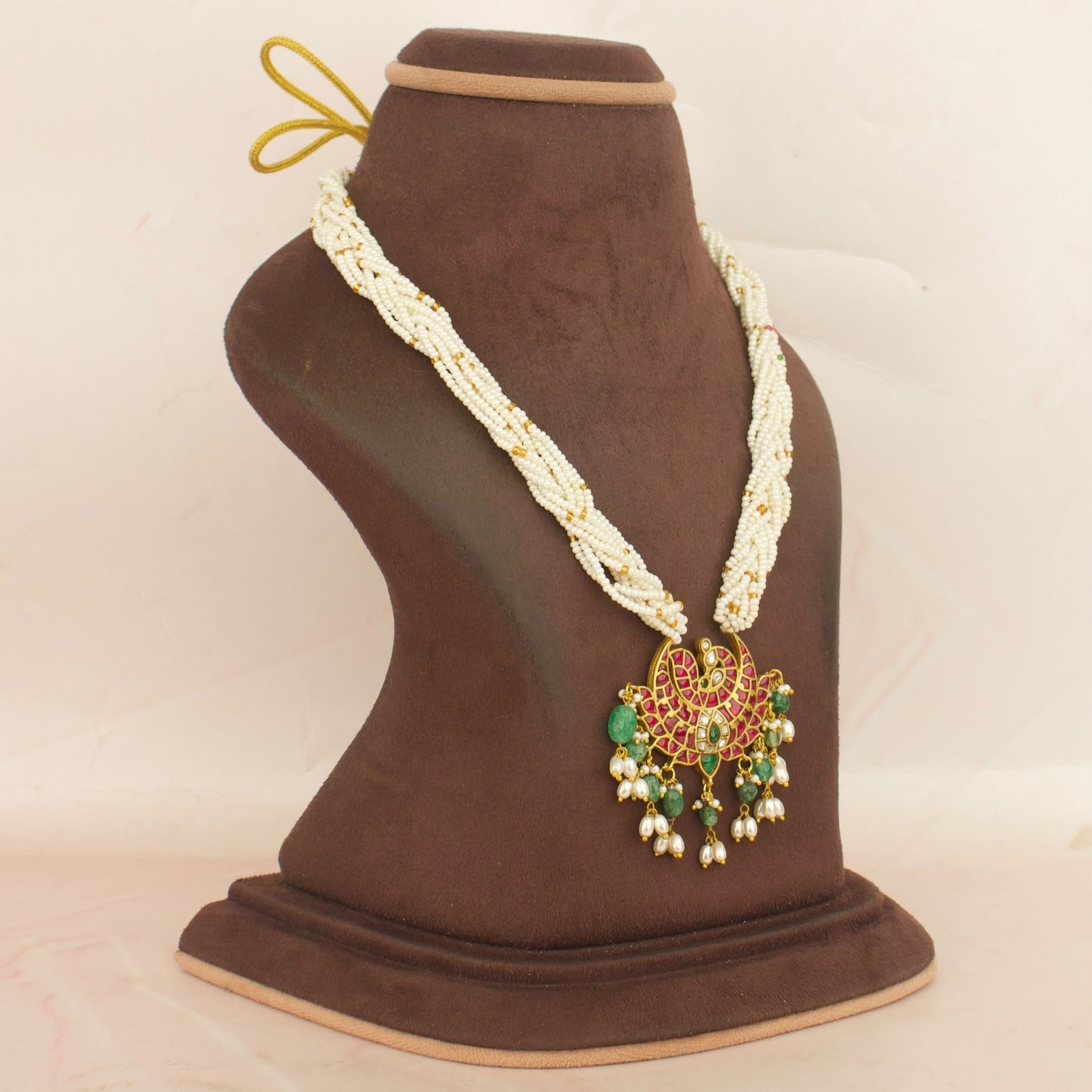 Exquisite Jadau Kundan Beads Mala With peacock Chandra Locket & Green Beads Hanging