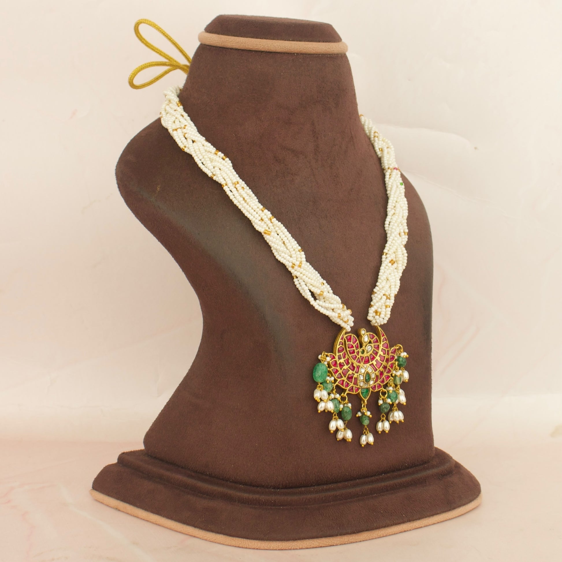 Exquisite Jadau Kundan Beads Mala With peacock Chandra Locket & Green Beads Hanging