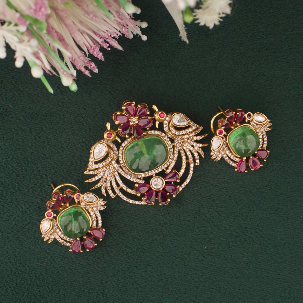 Stylish Victorian Emerald Pendant With Earrings Matching Earrings