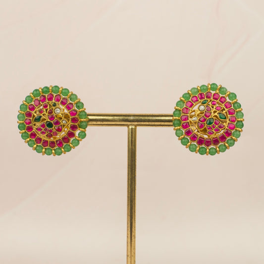 Traditional Peacock Design Jadau Kundan Studs With Beads Bordering