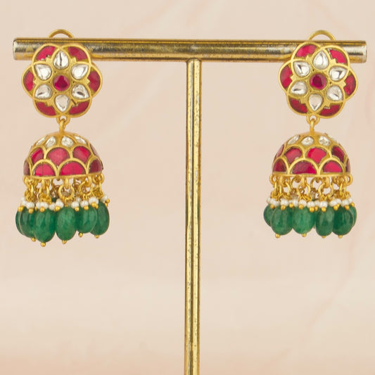 Floral Design Studded Jadau Kundan Jhumki with Green Beads