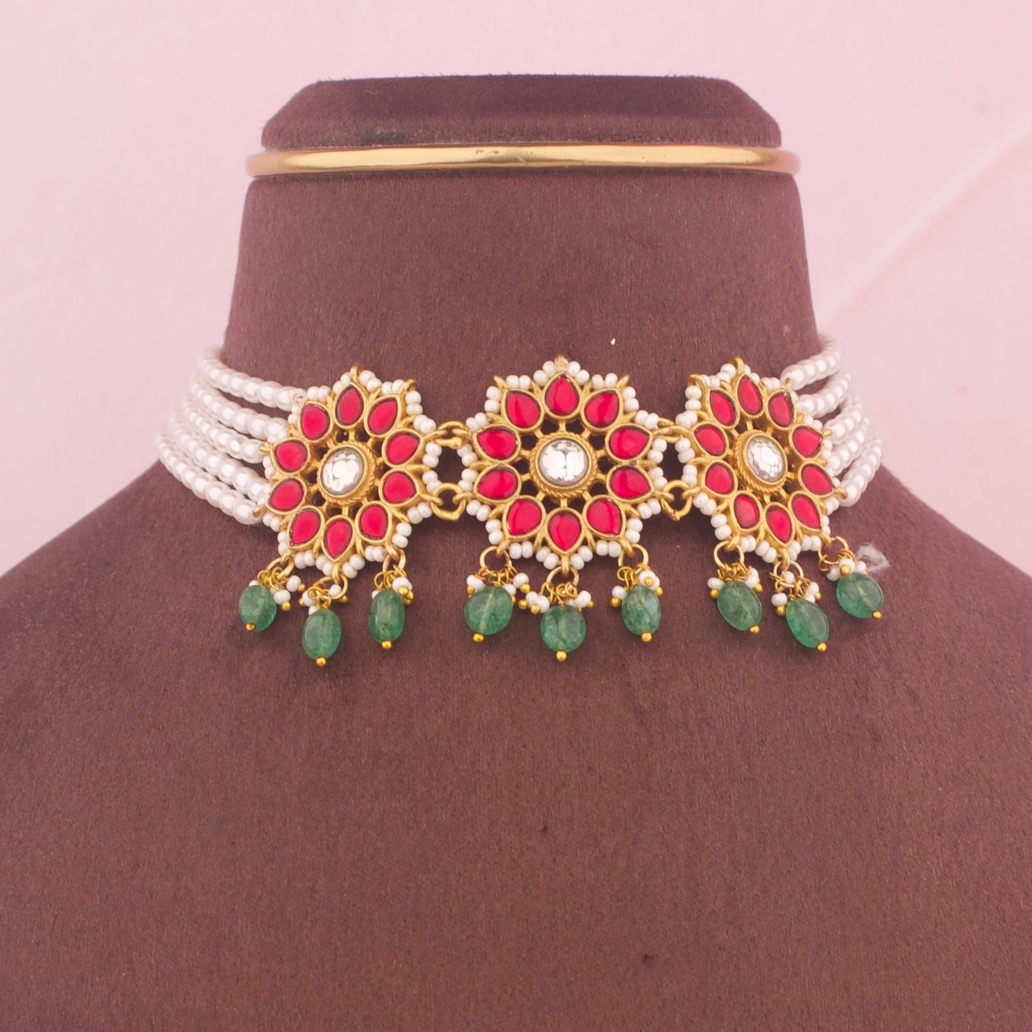 Floral Design Jadau Kundan Pearl Choker With Green Beads