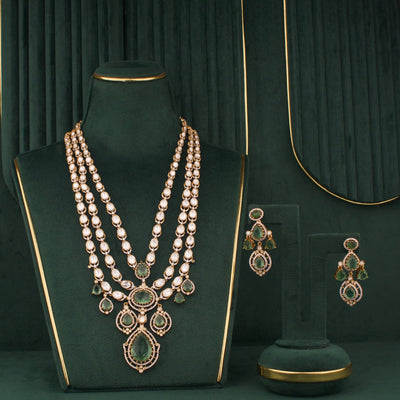 Emerald Victorian Polki Necklace Set With Matching Earrings