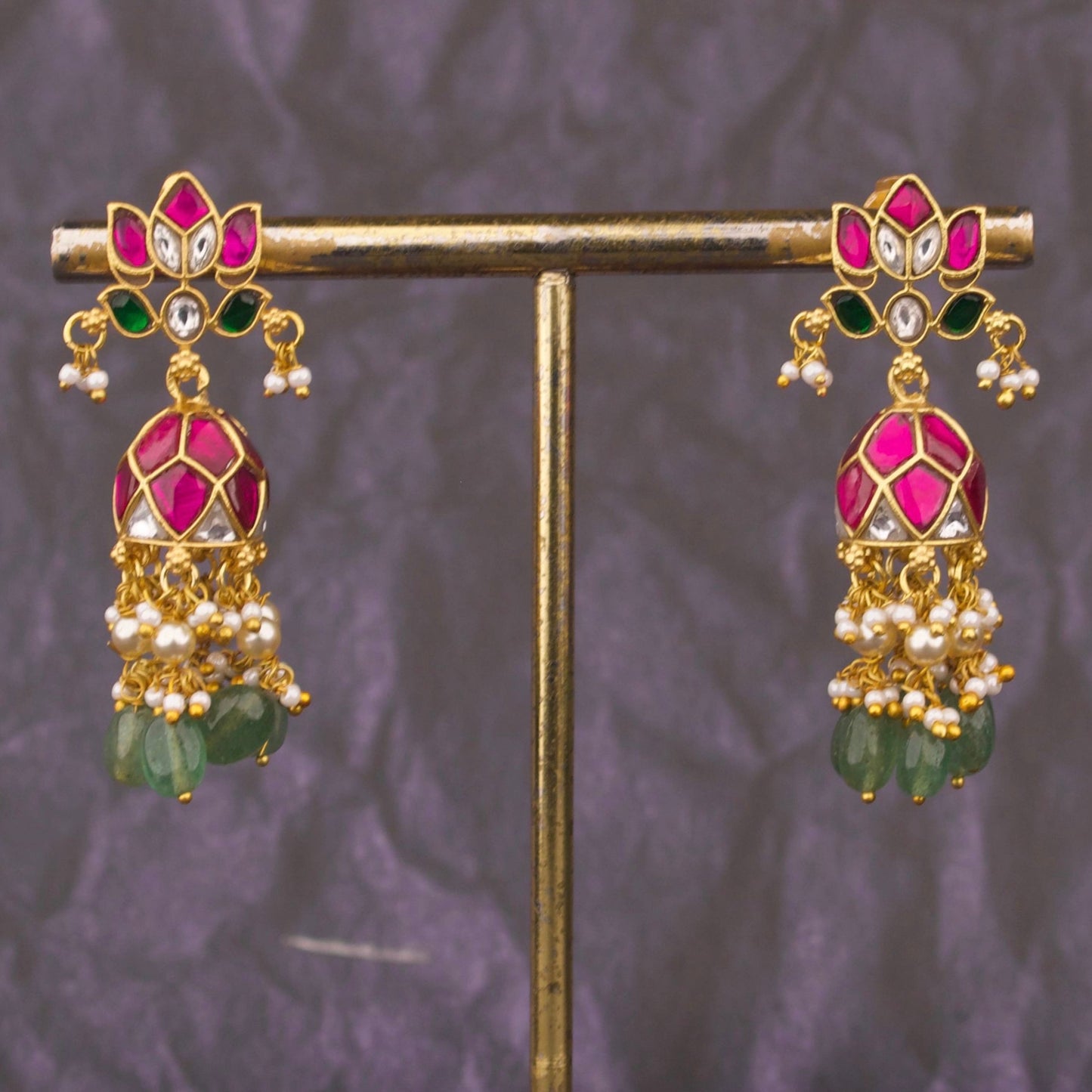 Lotus Design Jadau Kundan Jhumki Earrings With Emerald Bedas