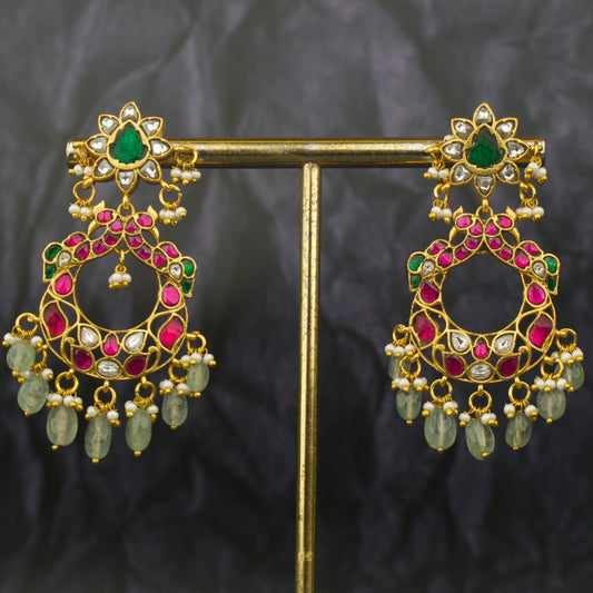 Statement Peacock Floral Design Jadau Kundan ChandBali Earrings