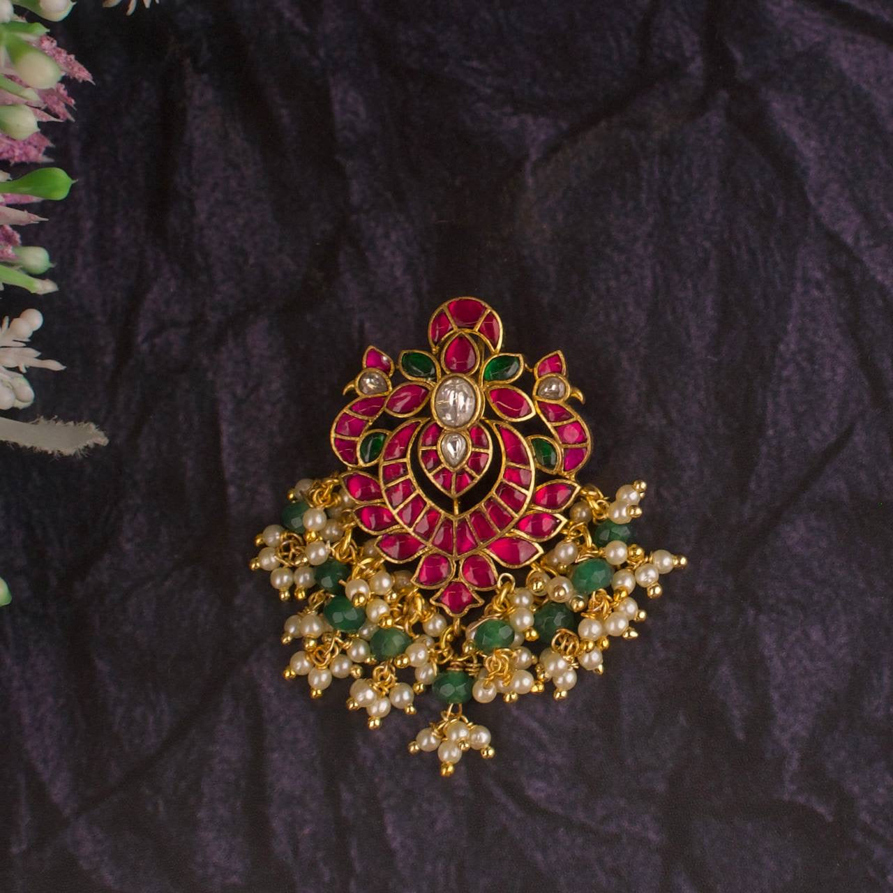 Cute Small Size Jadau Kundan Pendant With Pearl & Beads Hanging