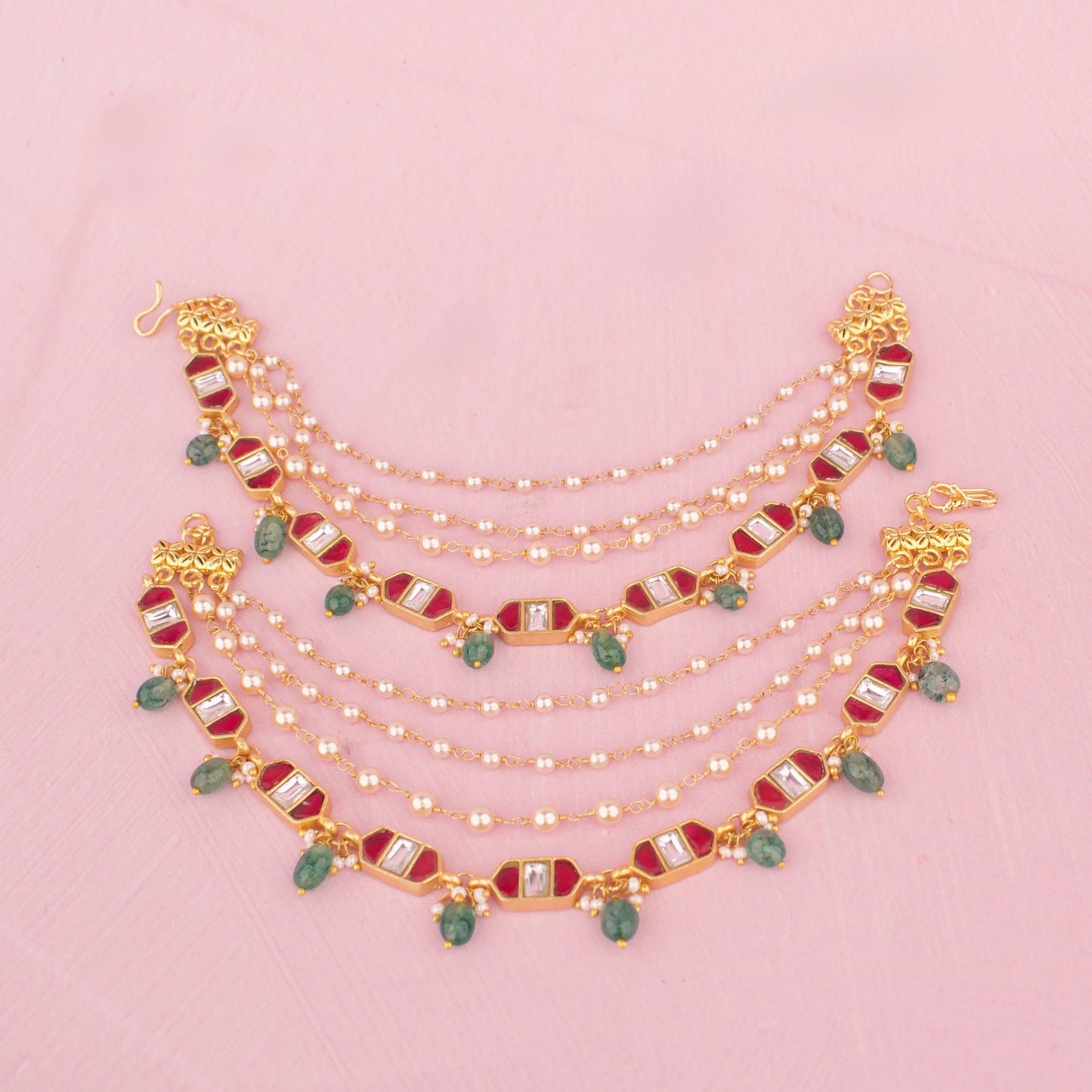 Jadau Kundan Ear Chain With Pearl Layers And Green Drops