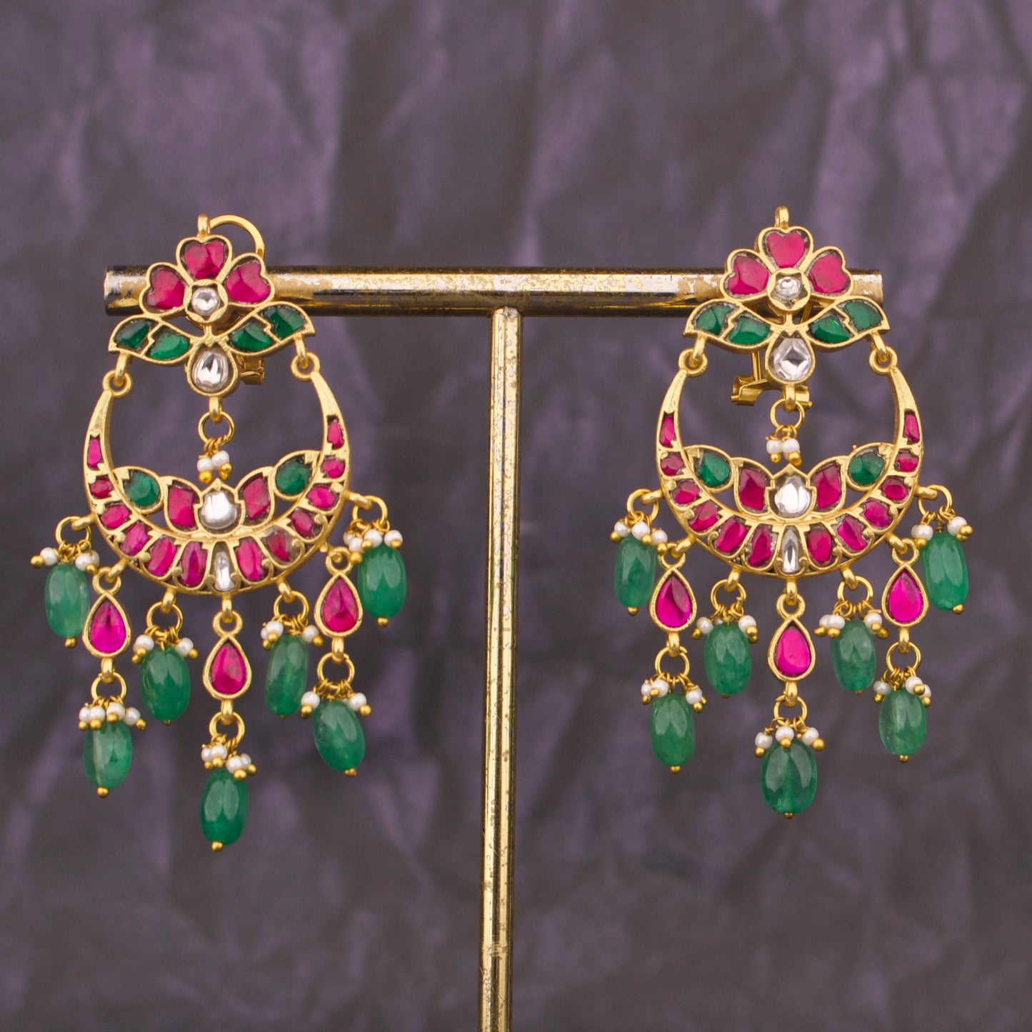 Regal Jadau Kundan Chandbali Earrings With Emerald Hangings