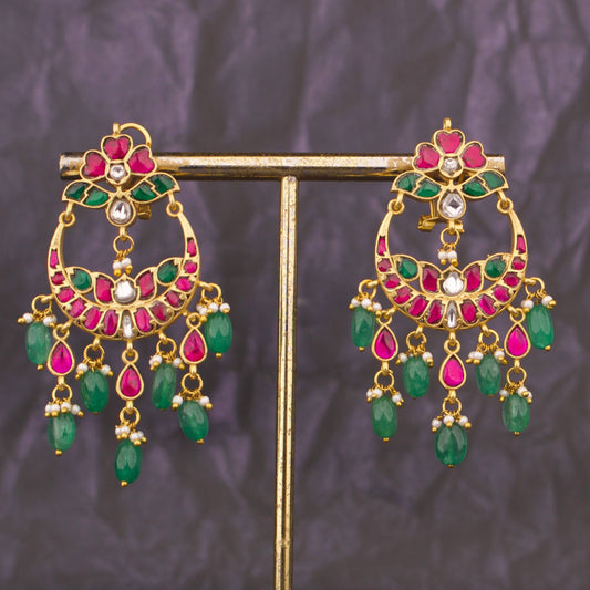 Regal Jadau Kundan Chandbali Earrings With Ruby Drops And Emerald Hangings