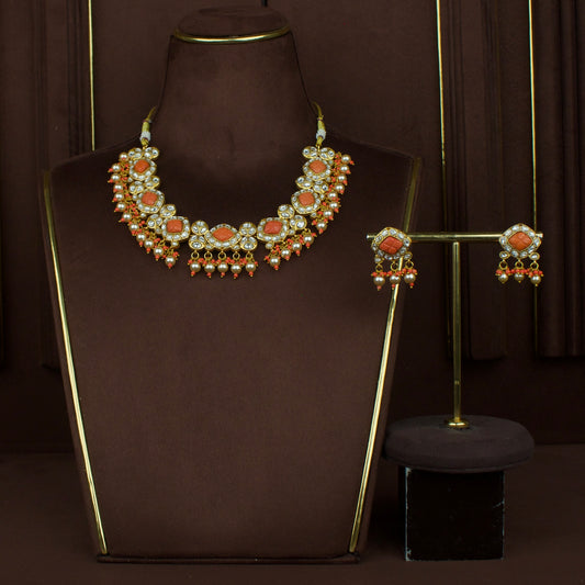 Luxurious Jadau Kundan Necklace Set with Coral Accents