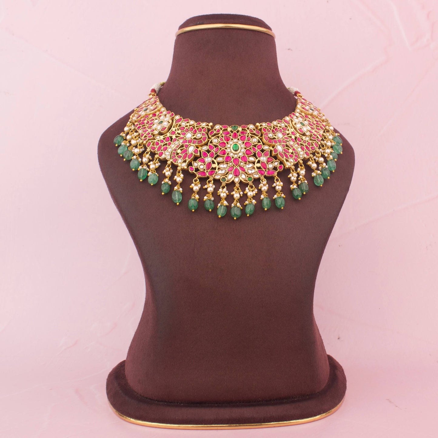 Gold Style Jadau Kundan Bridal Short Necklace With Floral Detailing, Pearl Layers And Emerald Green Drops