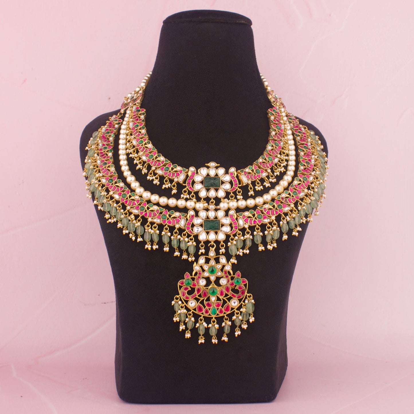 Opulent Bridal Jadau Kundan Necklace with Emerald Highlights & Pearl Work